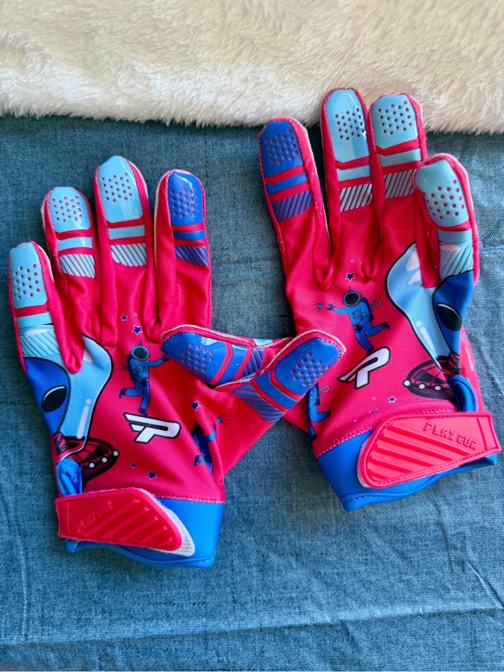 Youth XL Flag Football Grip Gloves in Pink and Blue - Space Print
